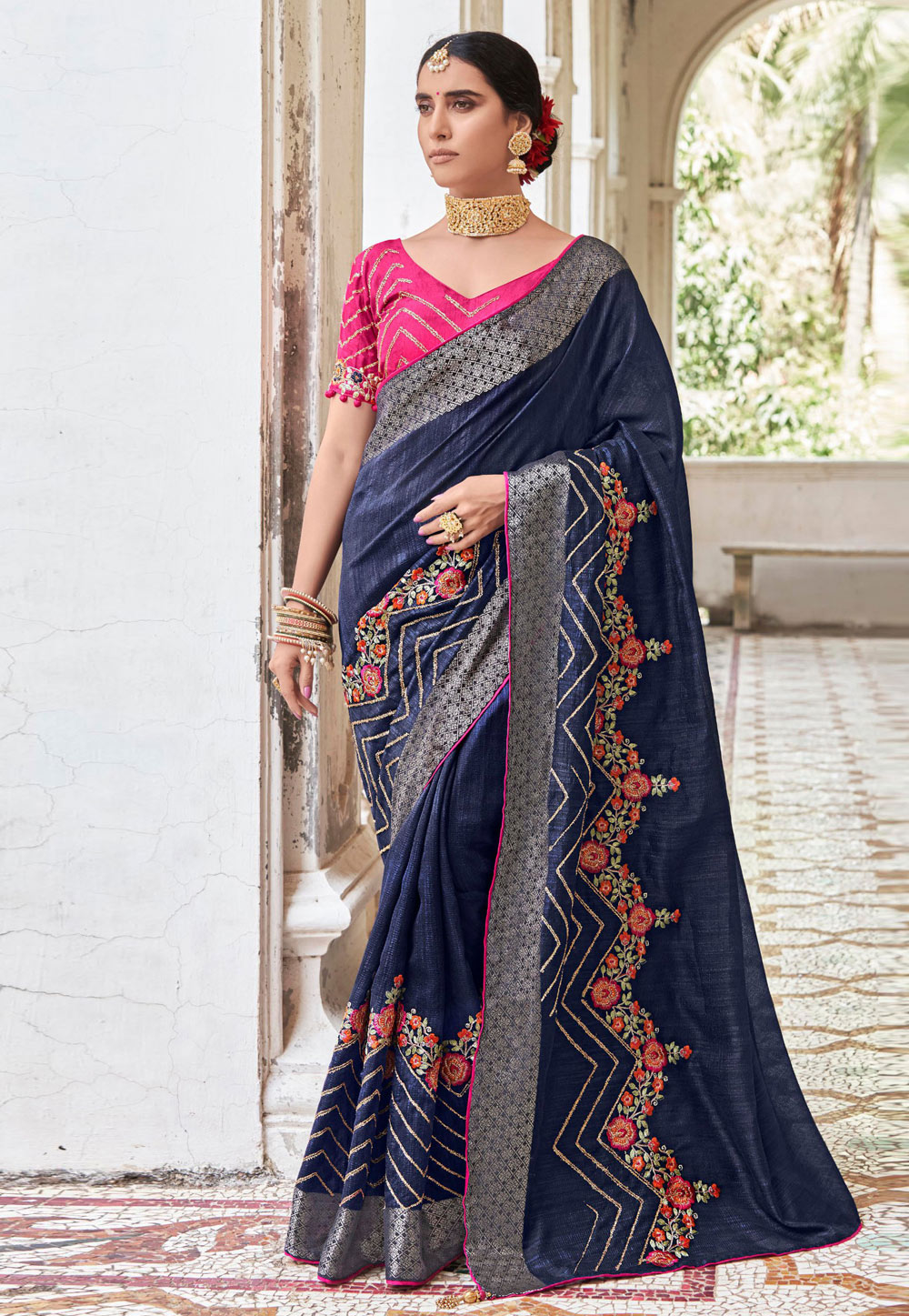 Navy Blue Cotton Saree With Blouse 270067