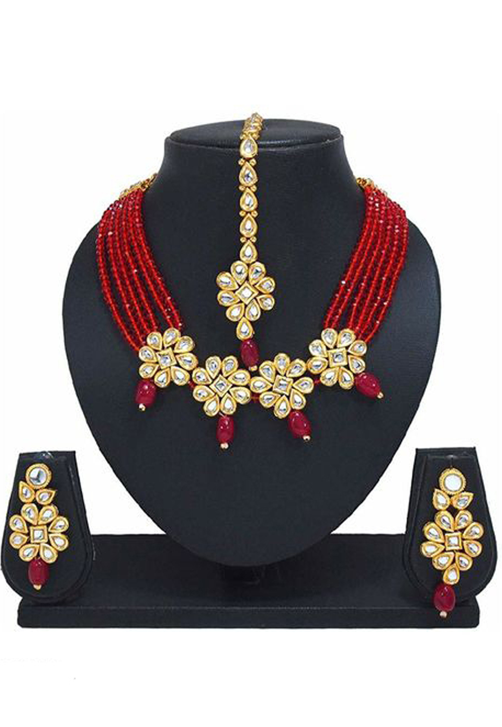 Red Alloy Austrian Diamond Necklace Set Earrings and Maang Tikka 187800