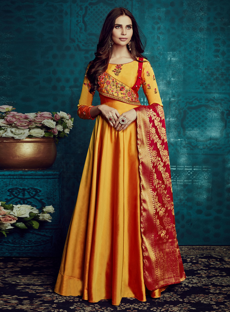Orange Taffeta Silk Readymade Long Anarkali Suit 140070