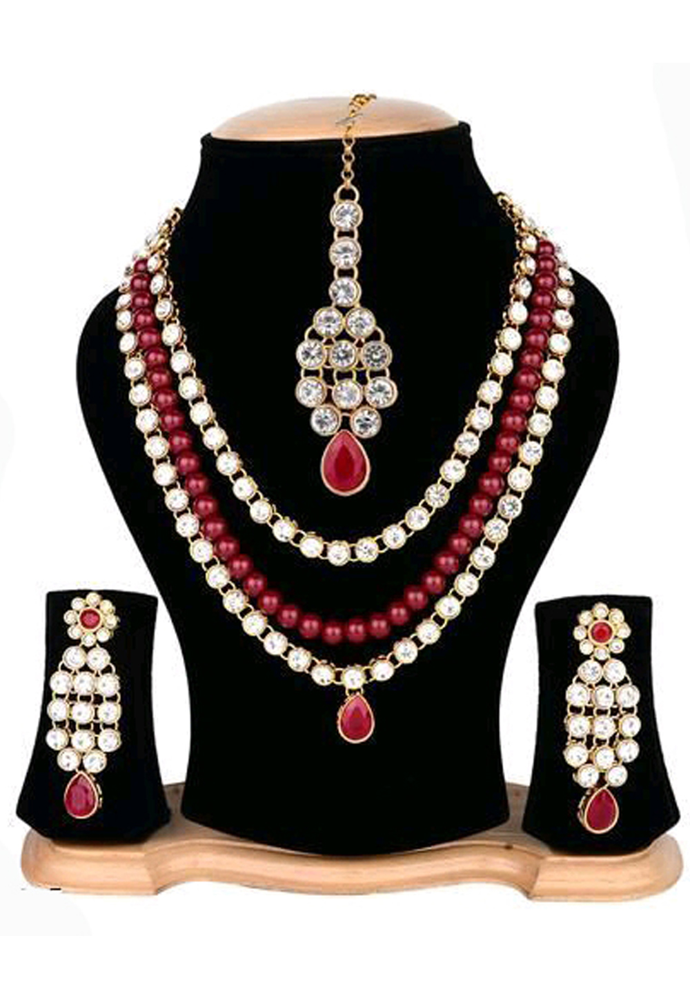 Red Alloy Austrian Diamond Necklace Set Earrings and Maang Tikka 187801