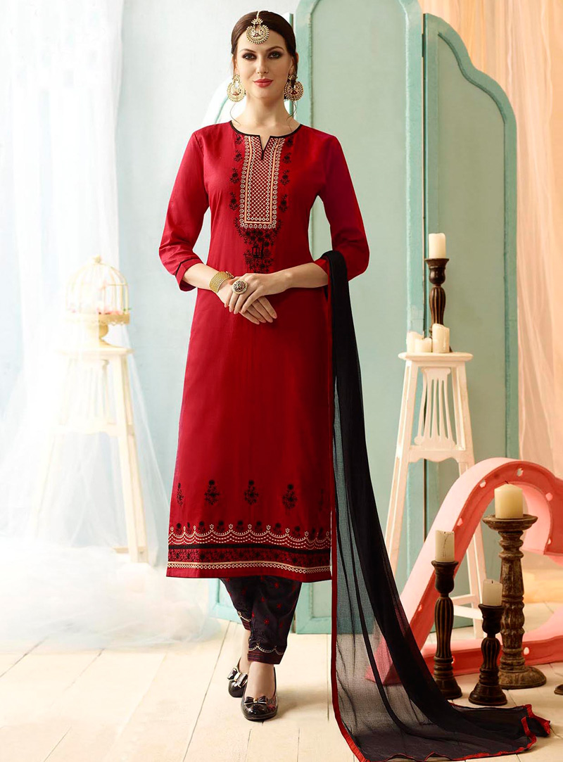 Red Cotton Pakistani Style Suit 105274