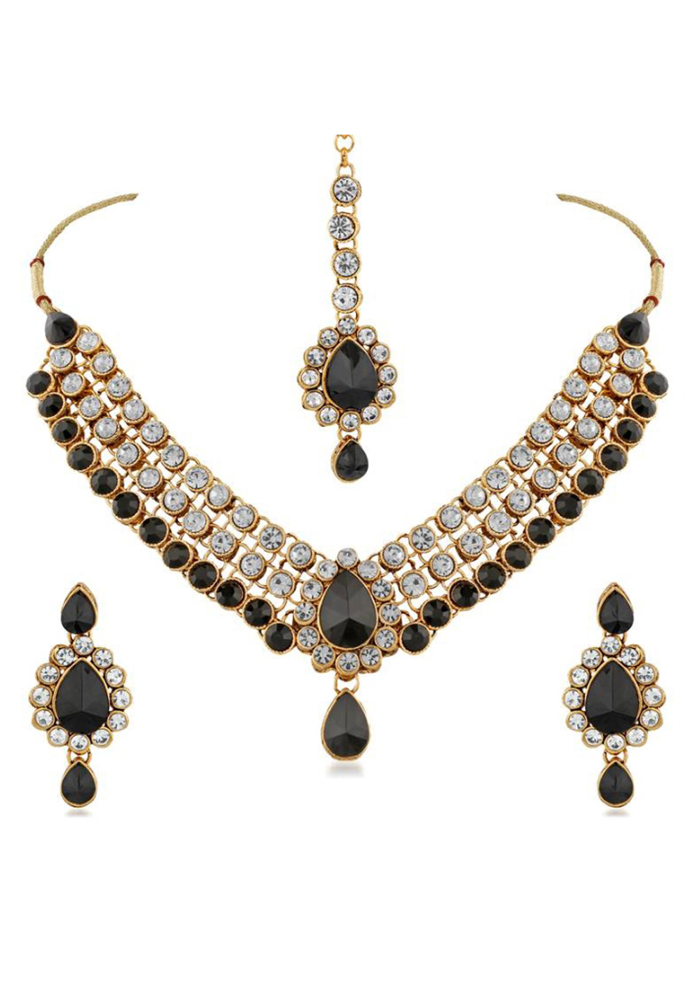 Black Alloy Austrian Diamond Necklace Set Earrings and Maang Tikka 187804
