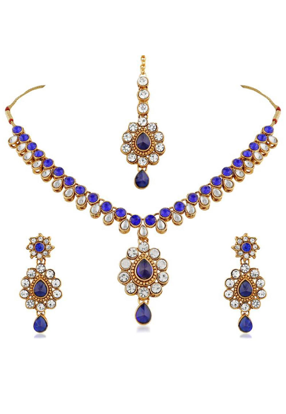 Blue Alloy Austrian Diamond Necklace Set Earrings and Maang Tikka 187805