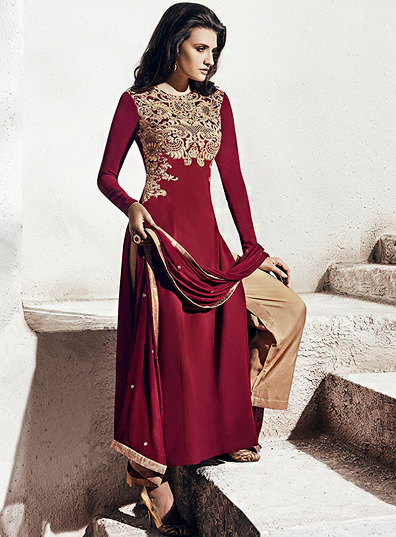 Maroon Georgette Palazzo Style Suit 70774