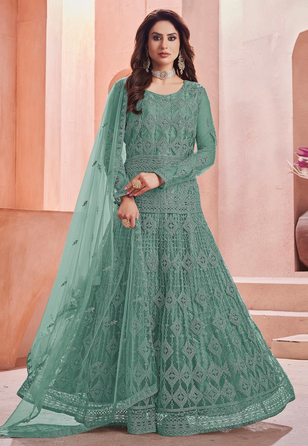 Sea Green Net Abaya Style Anarkali Suit 239809