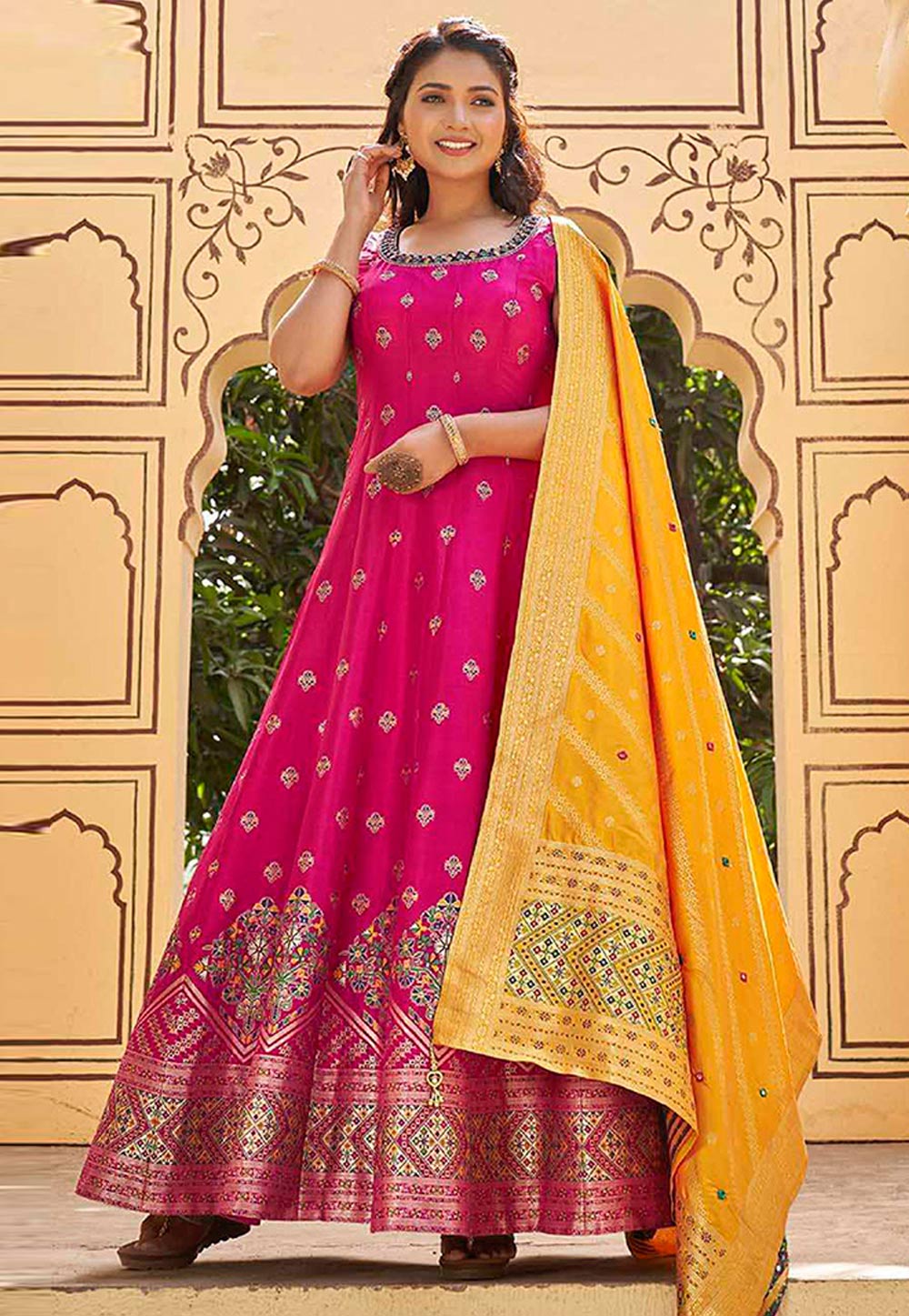 Pink Jacquard Silk Readymade Long Anarkali Suit 266998