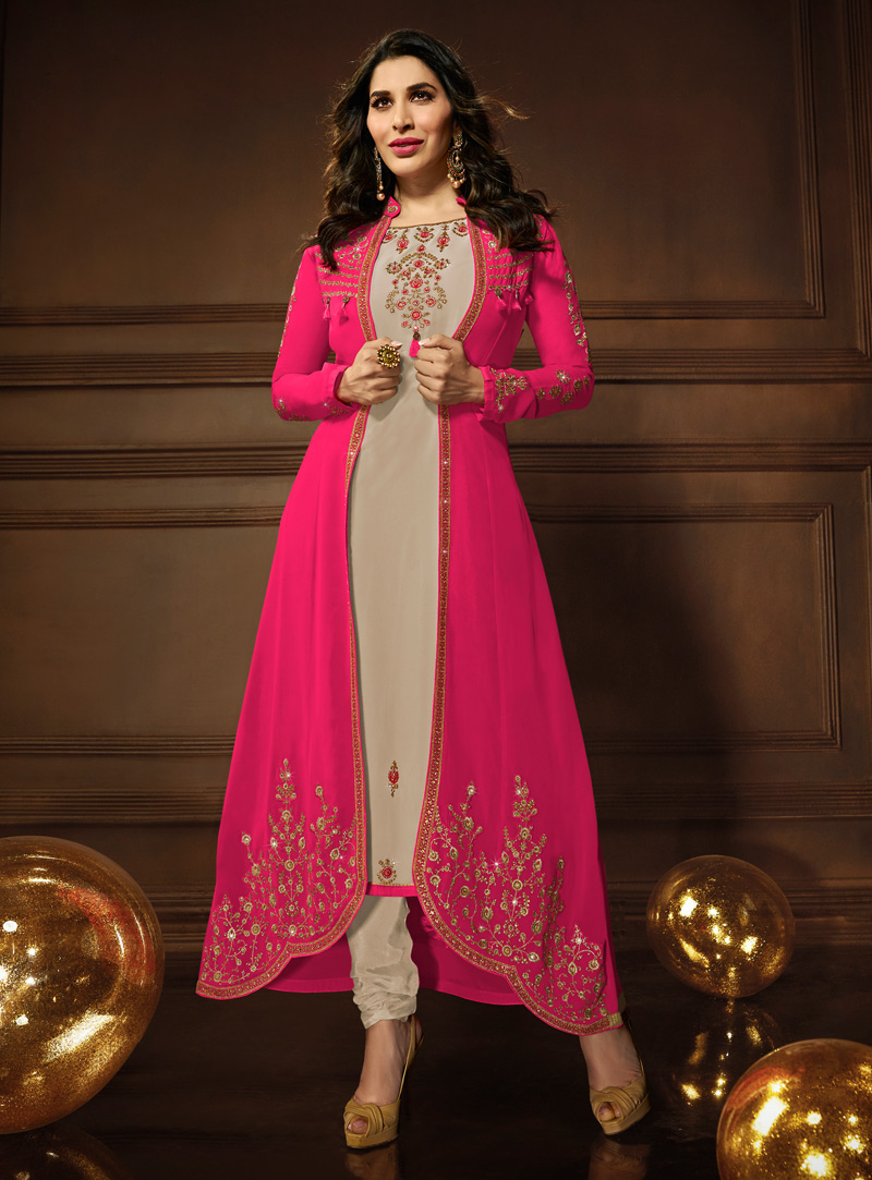 Sophie Choudry Magenta Georgette Pakistani Style Suit With Jacket 138950