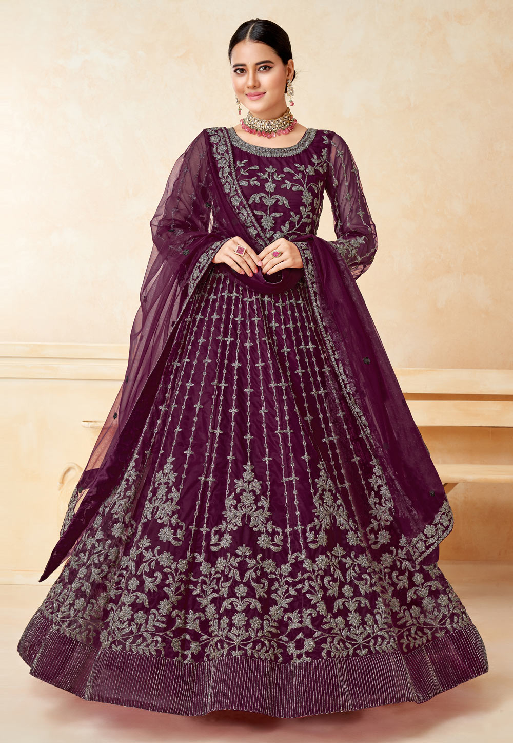 Purple Net Abaya Style Anarkali Suit 258277
