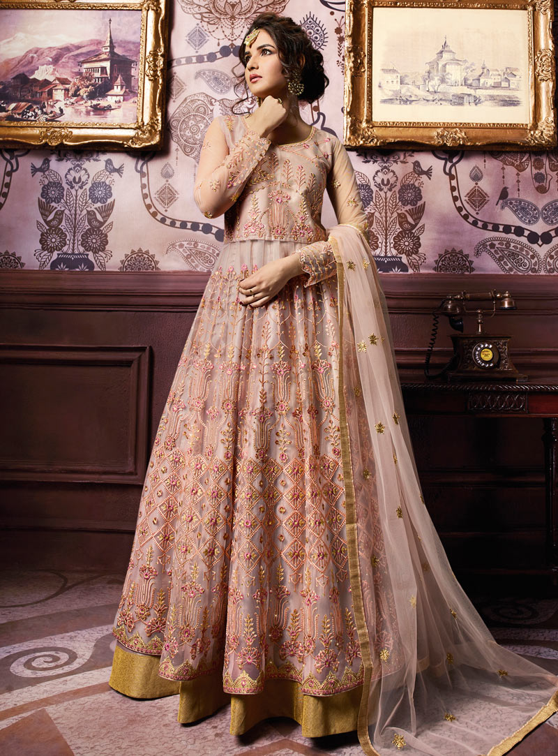 Peach Net Abaya Style Anarkali Suit 149363
