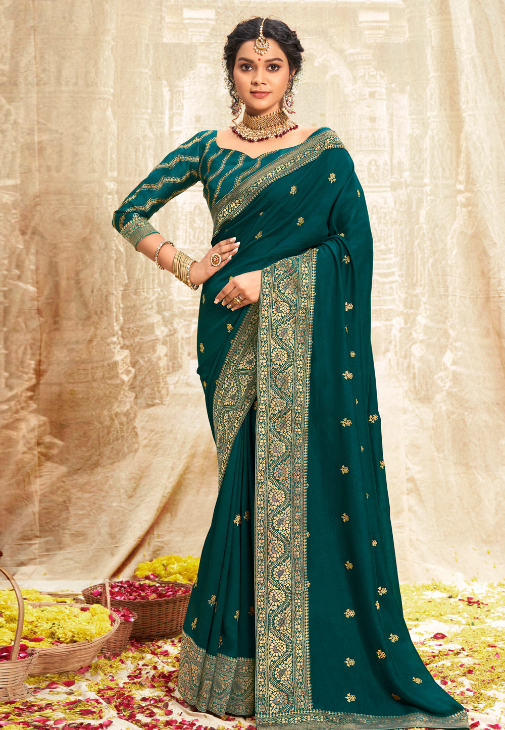 Teal Silk Saree With Blouse 267974