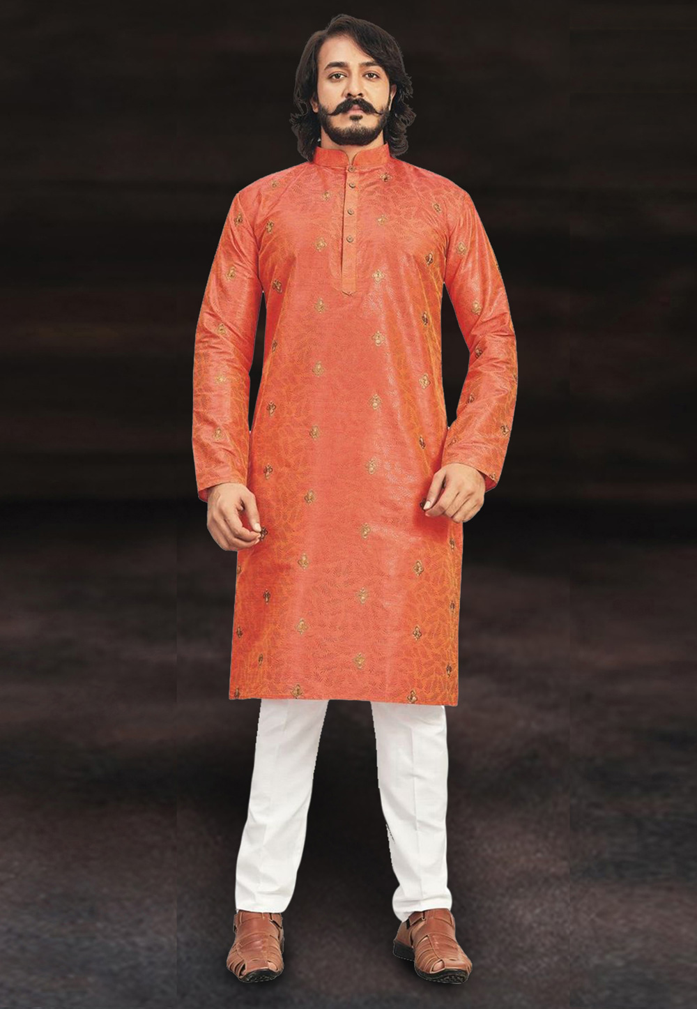 Orange Art Silk Readymade Kurta Pajama 214418