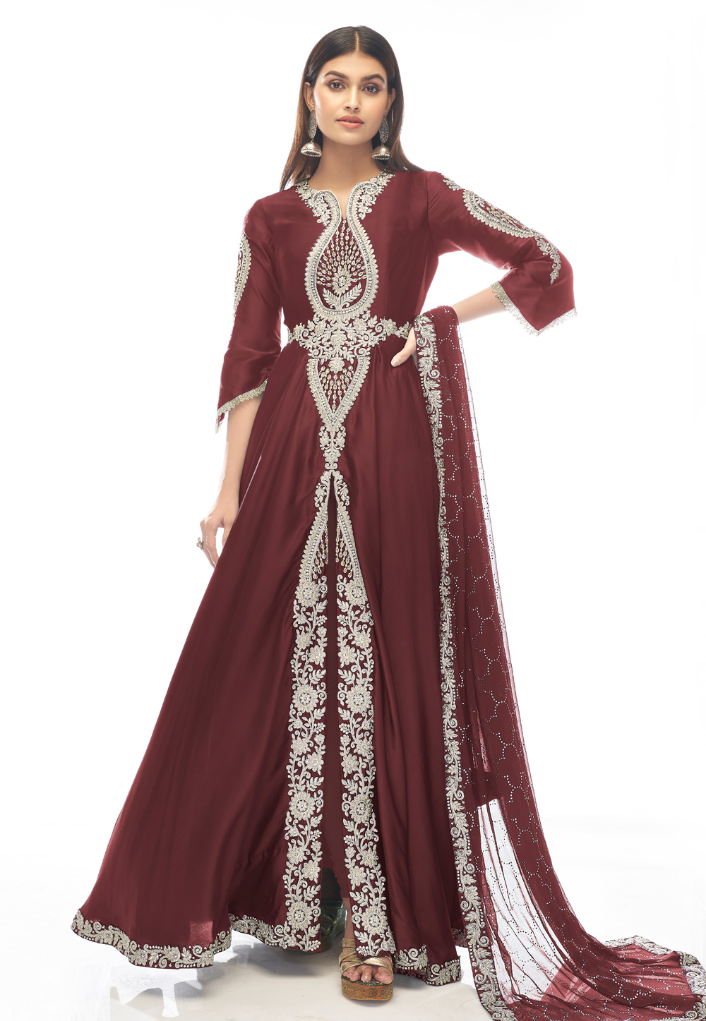 Maroon Satin Abaya Style Anarkali Suit 247102