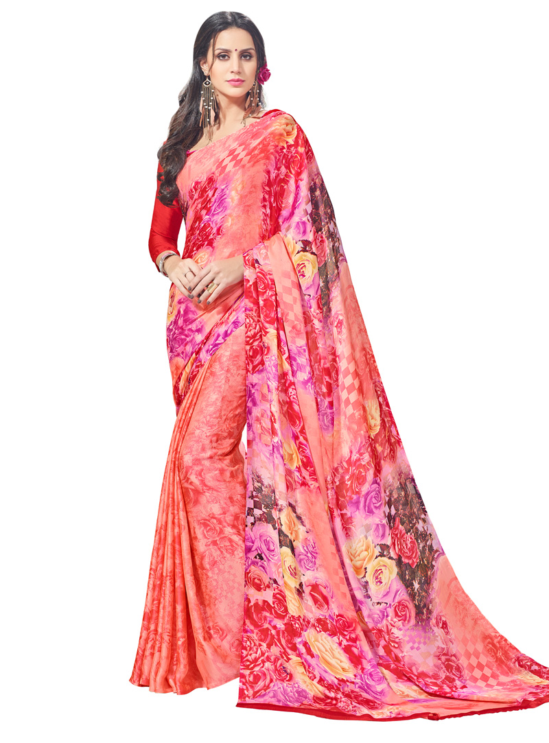 Peach Crepe Printed Saree With Blouse 99297