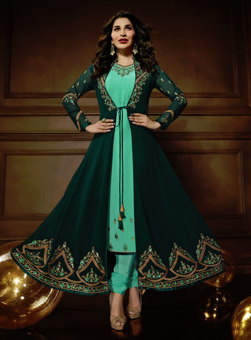 Sophie Choudry Green Georgette Pakistani Style Suit With Jacket 138951