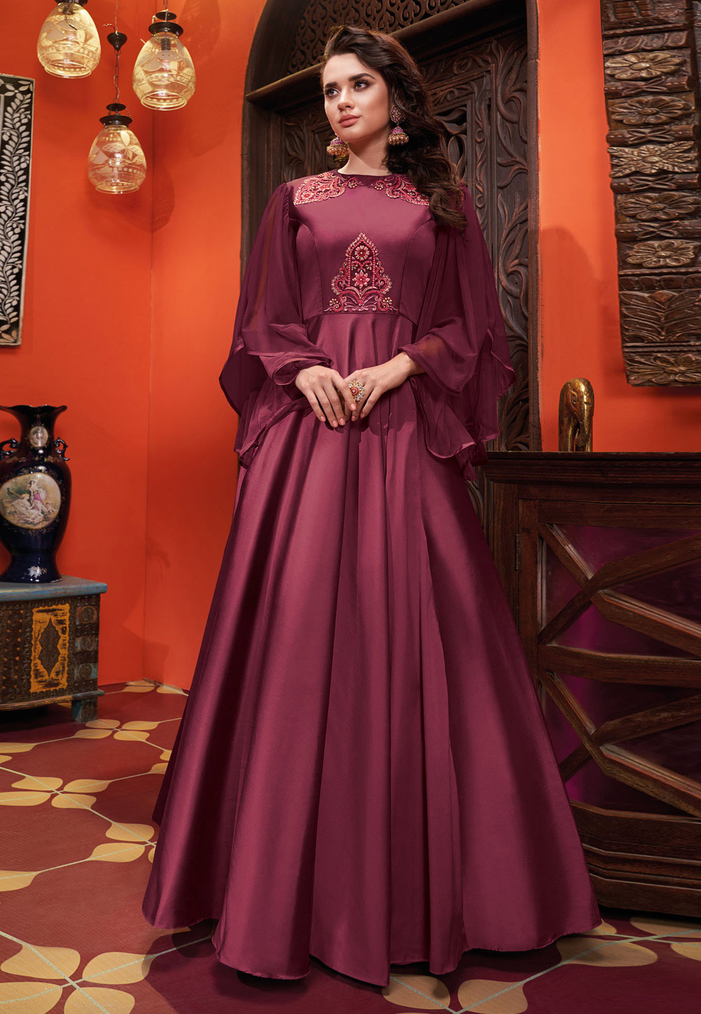 Magenta Silk Readymade Designer Gown 206991