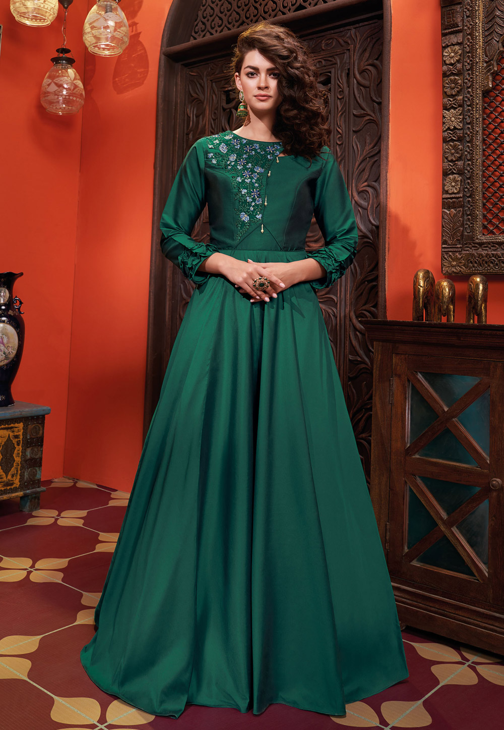 Green Silk Readymade Party Wear Gown 206992