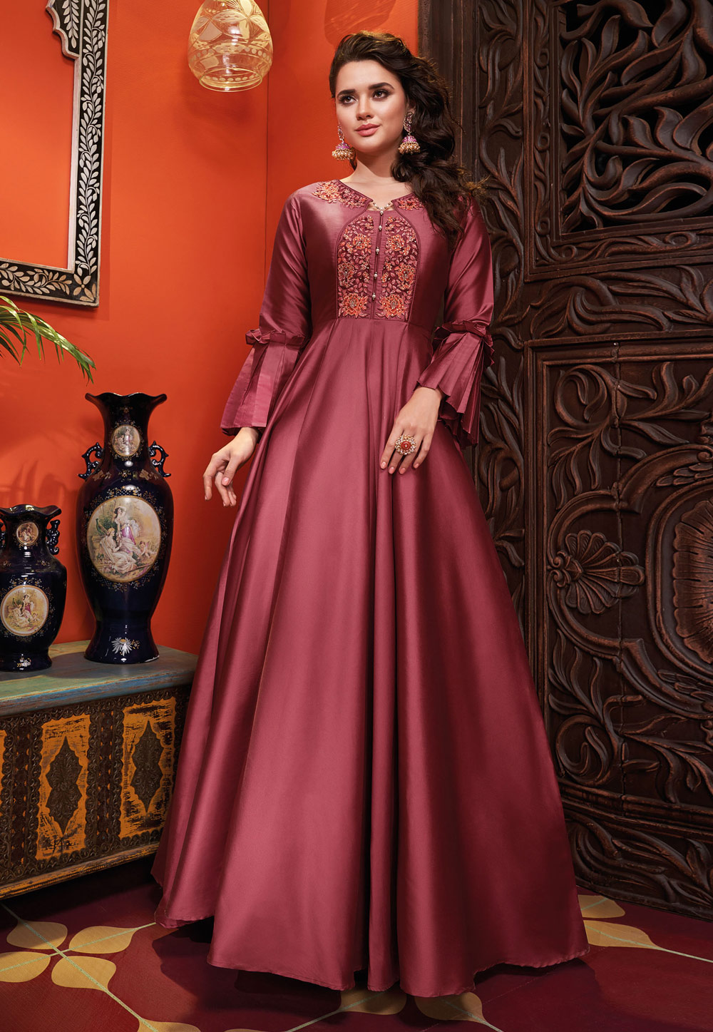 Maroon Silk Readymade Gown With Frill Sleeve 206993