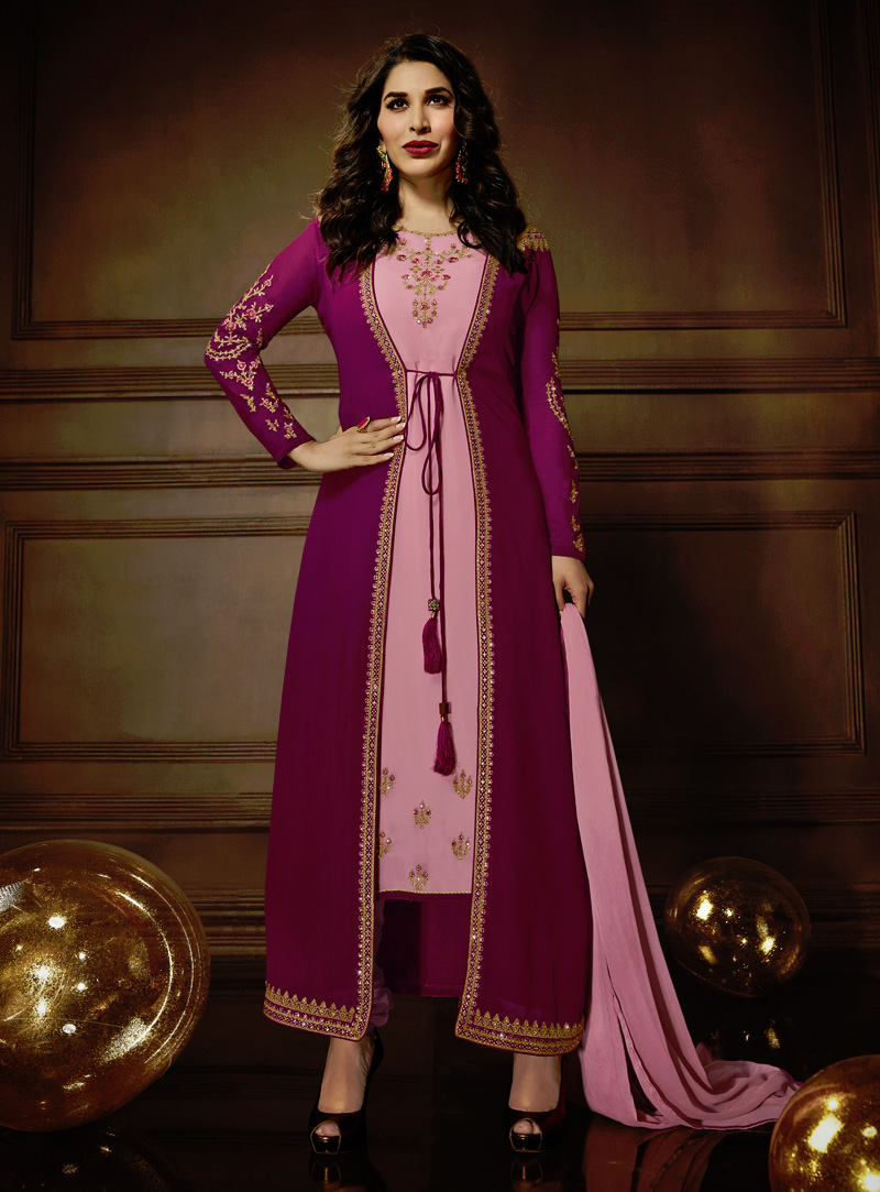 Sophie Choudry Magenta Georgette Pakistani Style Suit With Jacket 138952
