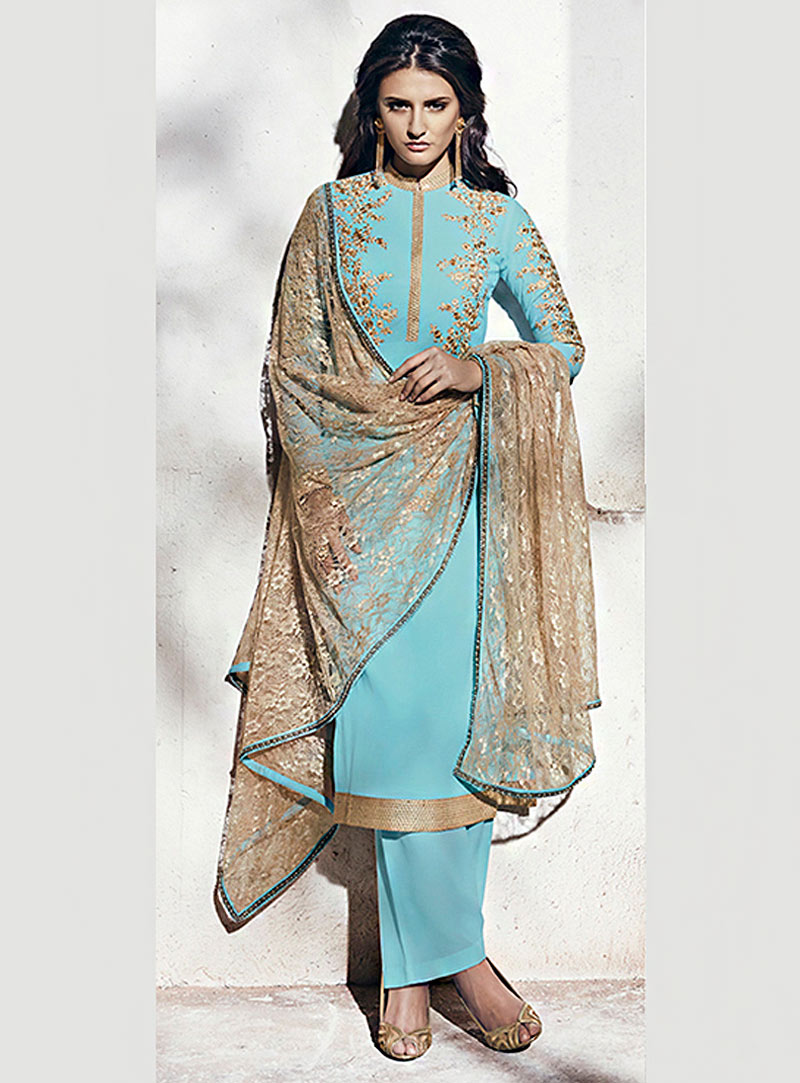 Sky Blue Georgette Palazzo Style Suit 70776