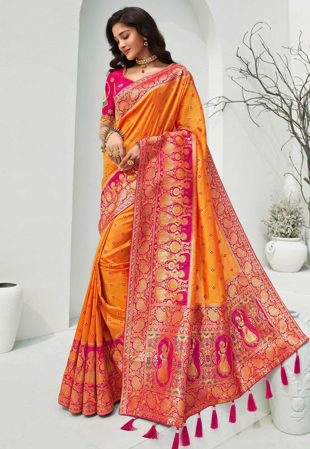 Orange Banarasi Silk Saree With Blouse 218231
