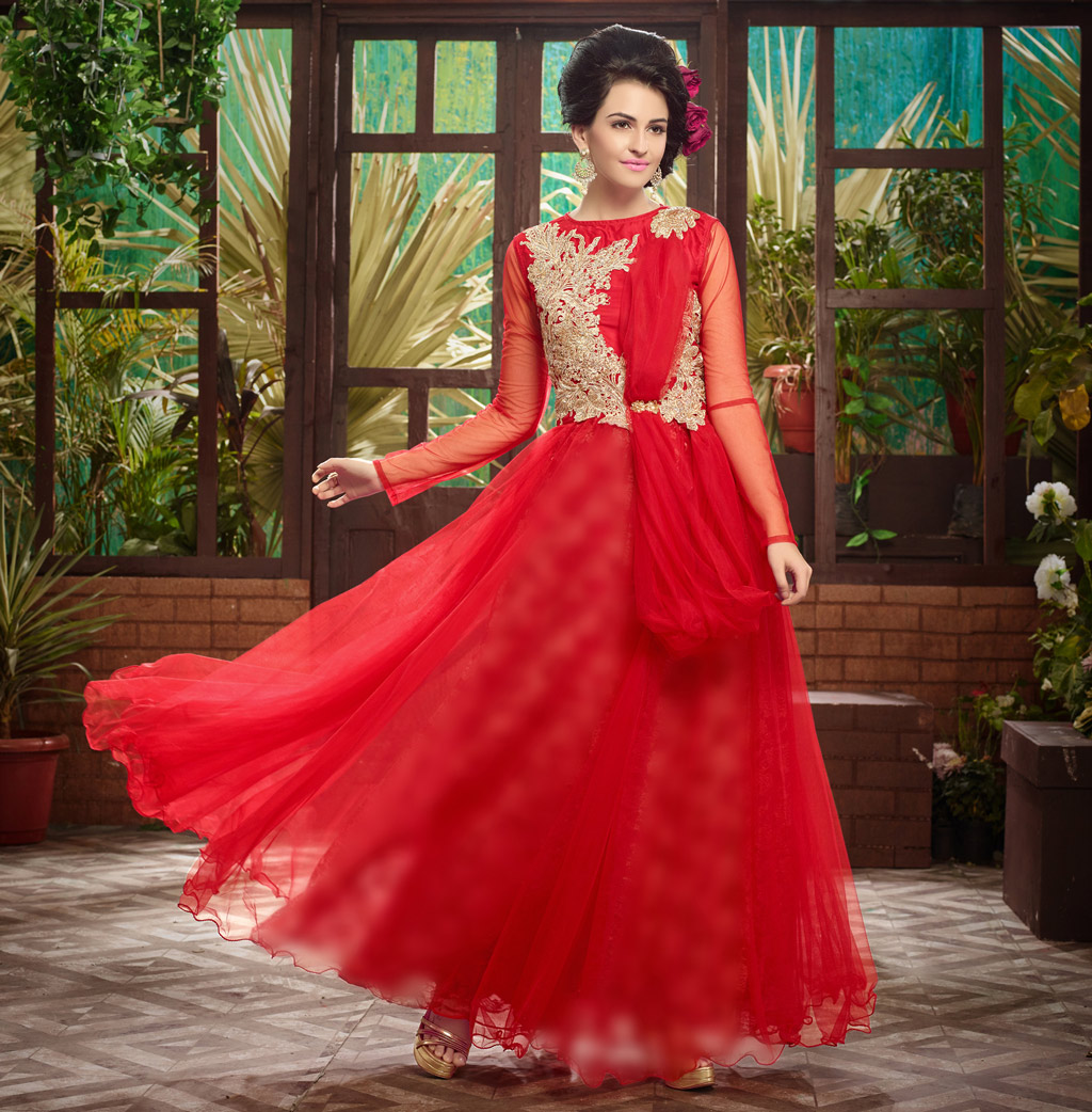 Red Soft Net Designer Party Wear Gown 57024
