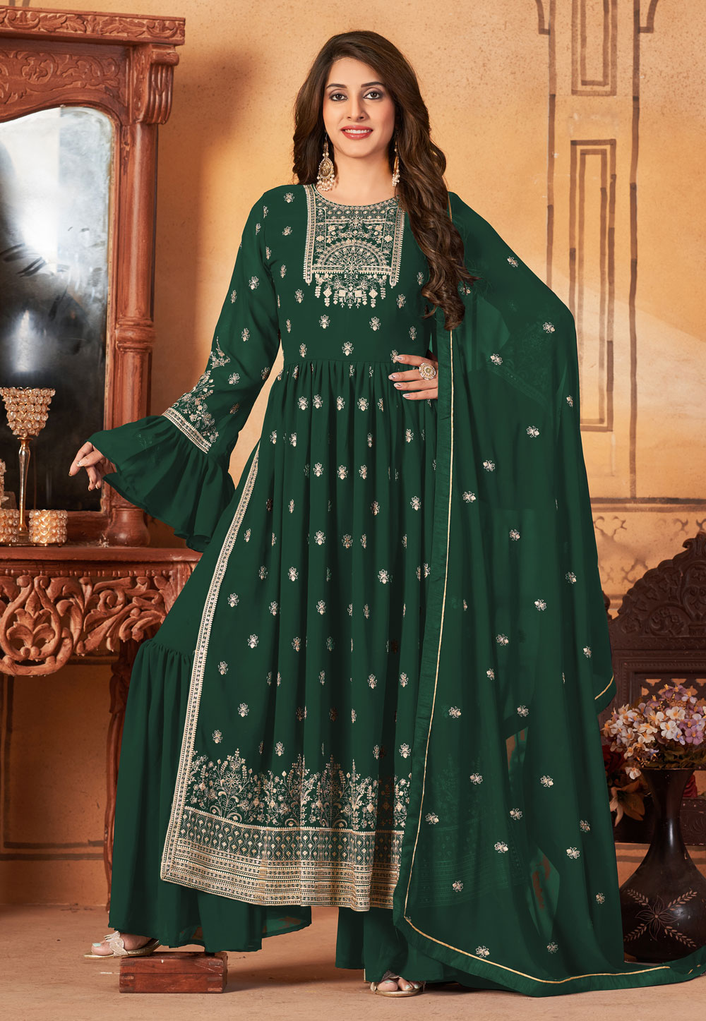 Green Faux Georgette Sharara Suit 258394