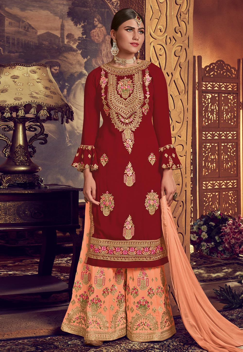 Maroon Georgette Embroidered Palazzo Suit 182240