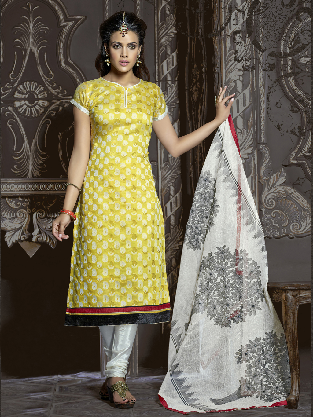 Yellow Chanderi Cotton Churidar Suit 56736