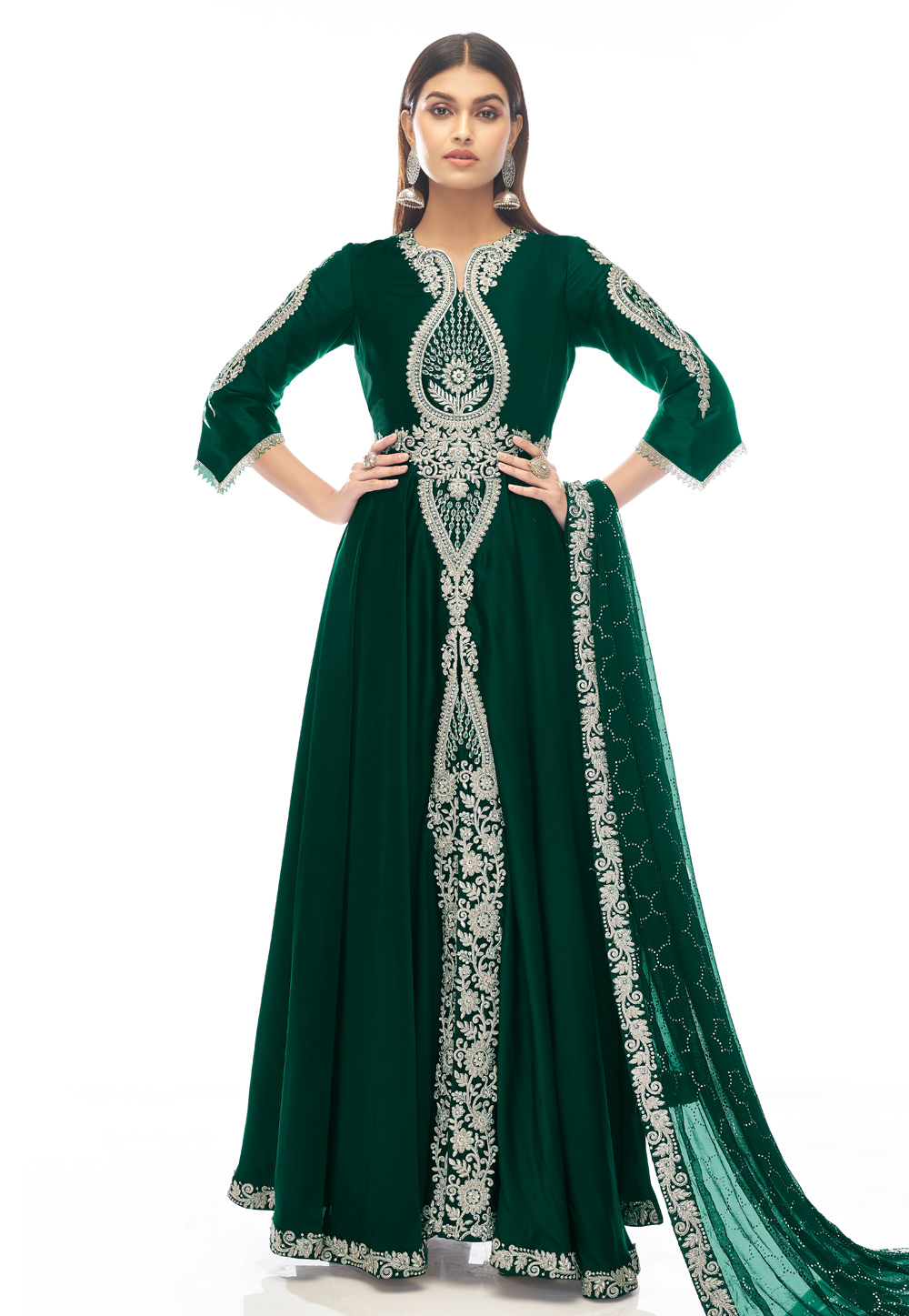 Green Satin Long Anarkali Suit 247103