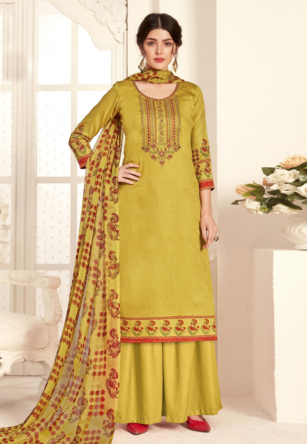 Shaded Green Cotton Palazzo Suit 207117
