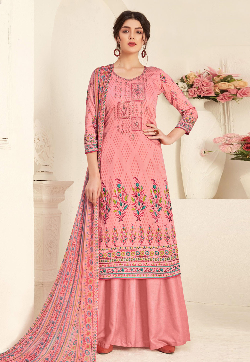 Pink Cotton Kameez With Palazzo 207120
