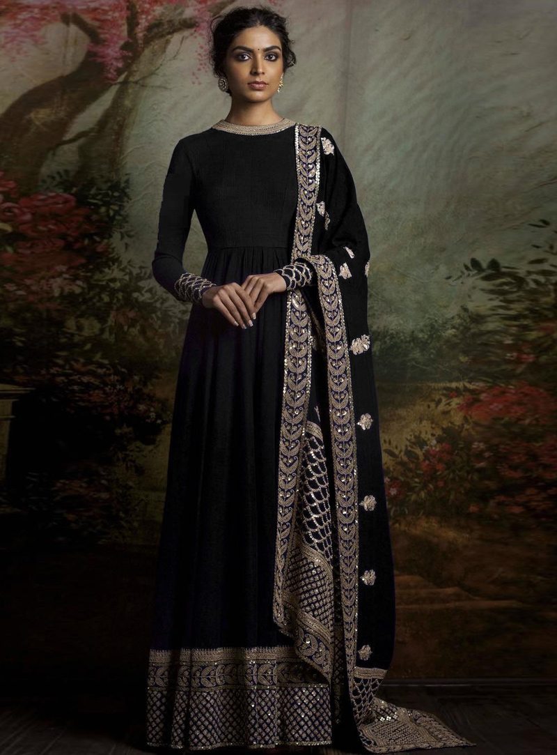 Black Banglori Silk Floor Length Anarkali Suit 93632