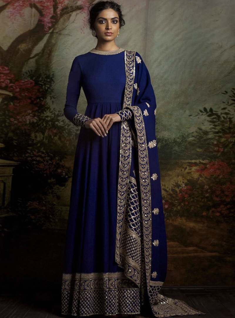 Navy Blue Banglori Silk Long Anarkali Suit 93633