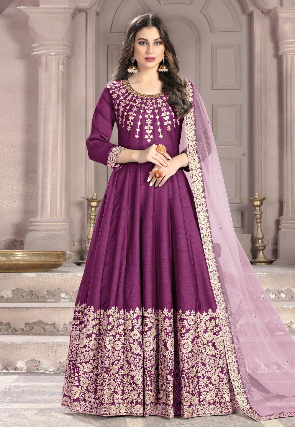 Purple Silk Abaya Style Anarkali Suit 197529