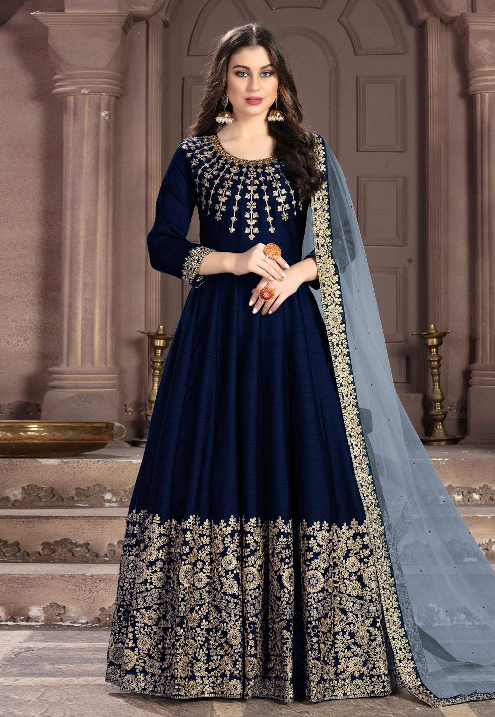 Navy Blue Silk Abaya Style Anarkali Suit 197530