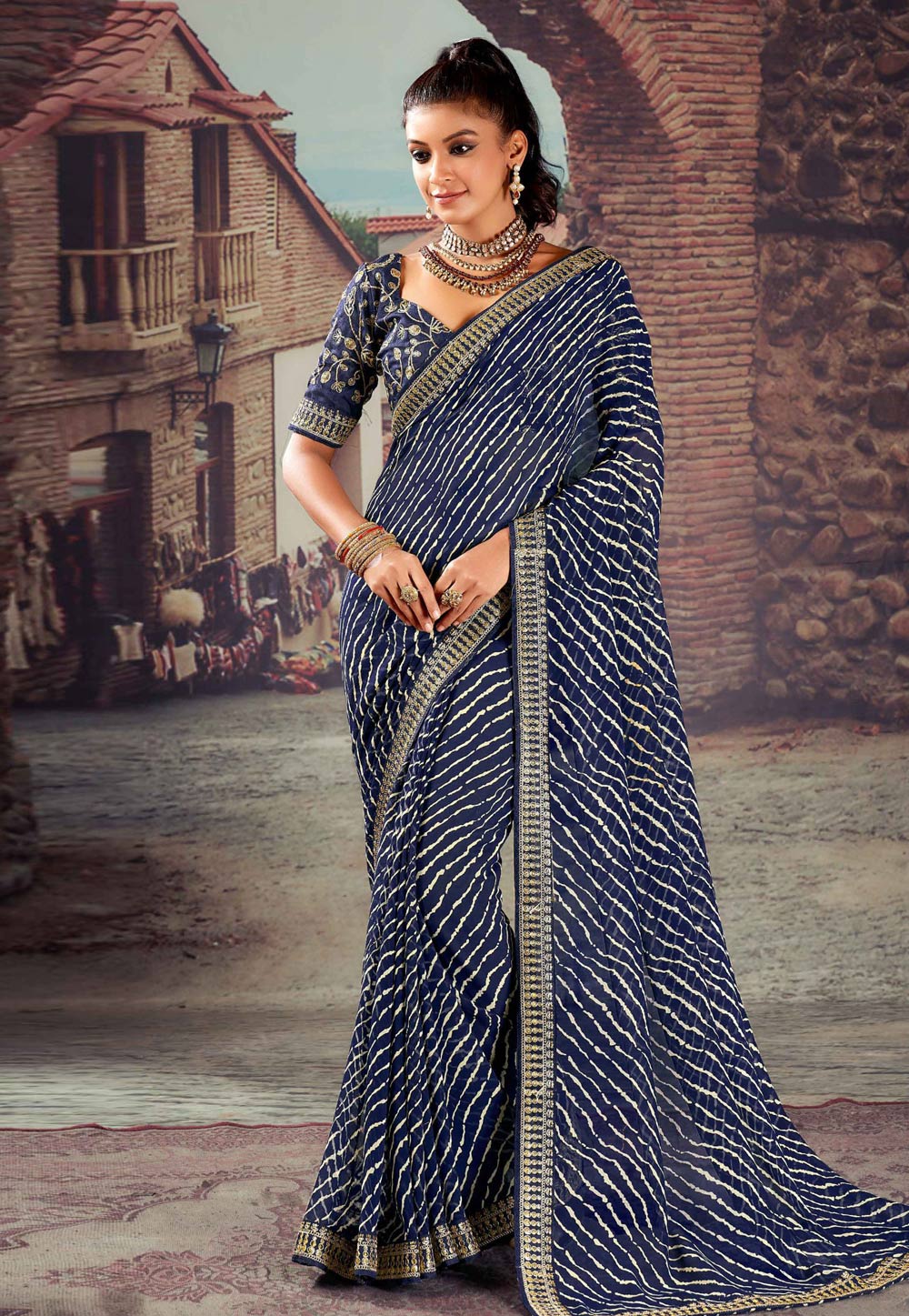 Navy Blue Georgette Saree With Blouse 276246