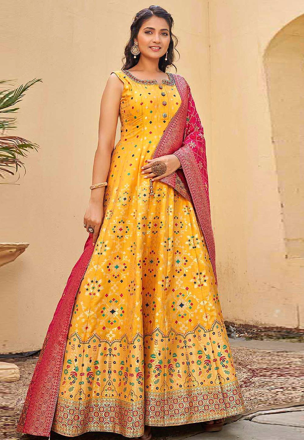 Yellow Jacquard Silk Readymade Long Anarkali Suit 267000