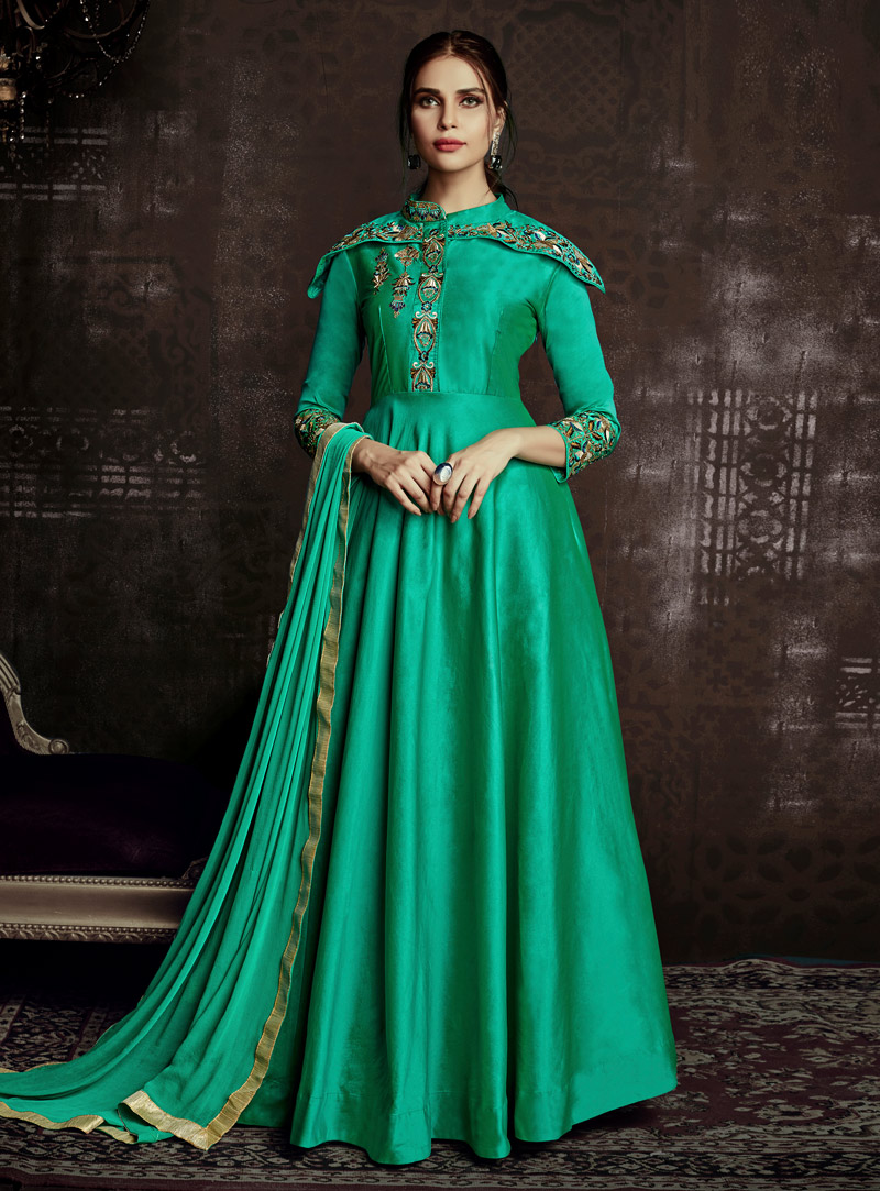 Green Taffeta Readymade Long Anarkali Suit 140583