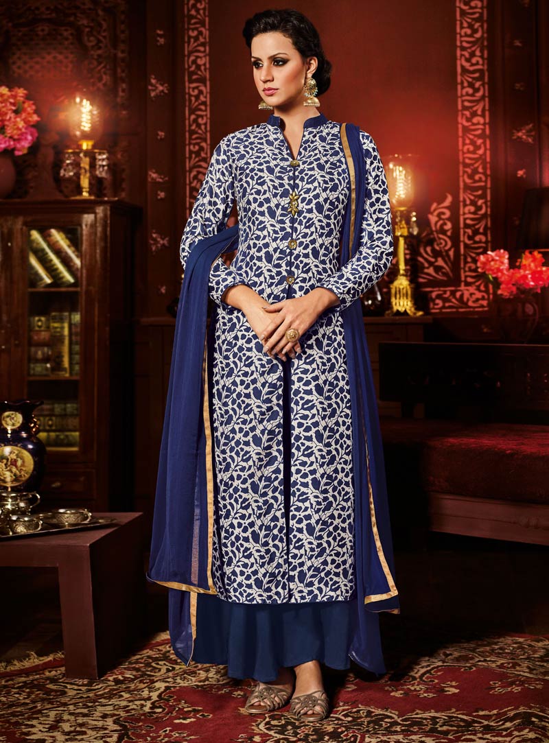 Navy Blue Silk Layered Anarkali Suit 90829