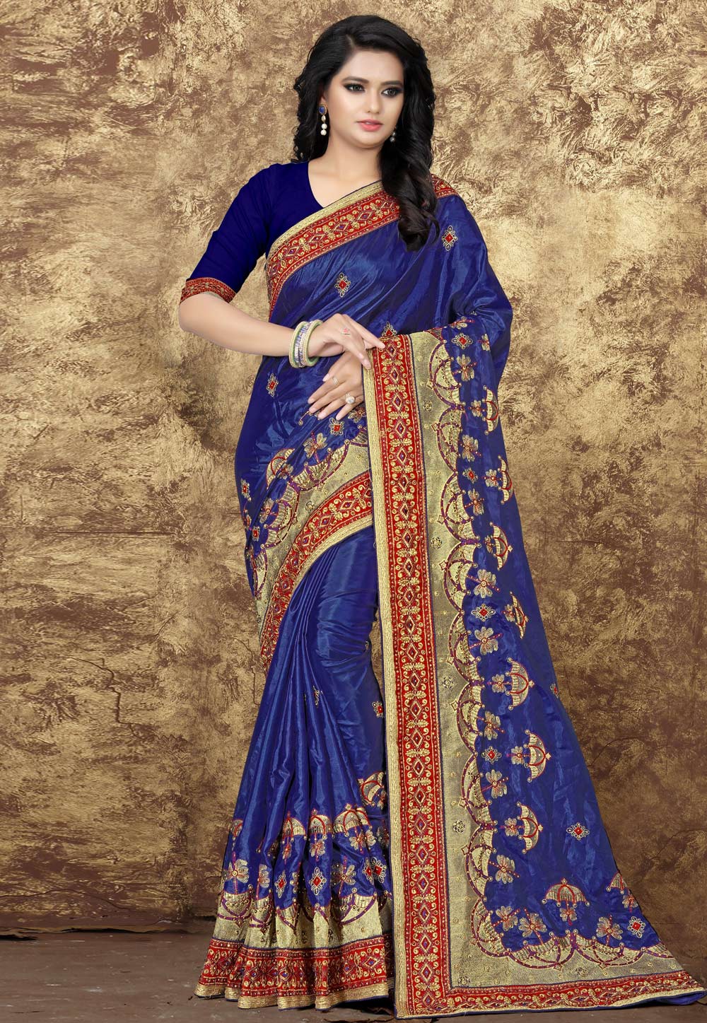 Blue Silk Embroidered Festival Wear Saree 165259