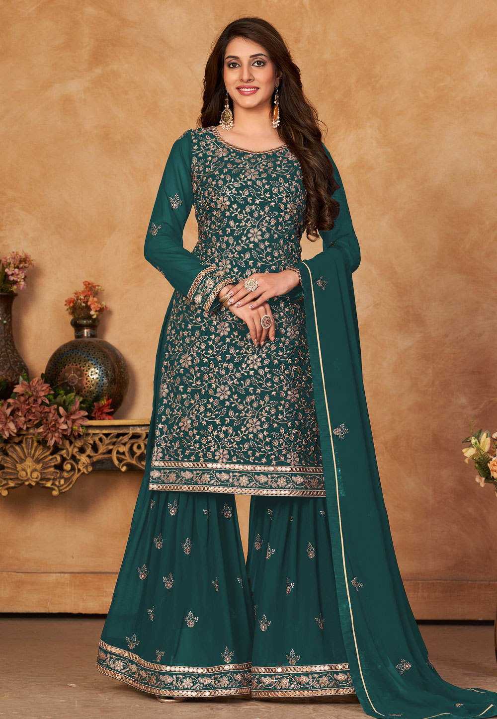 Green Faux Georgette Sharara Suit 258692