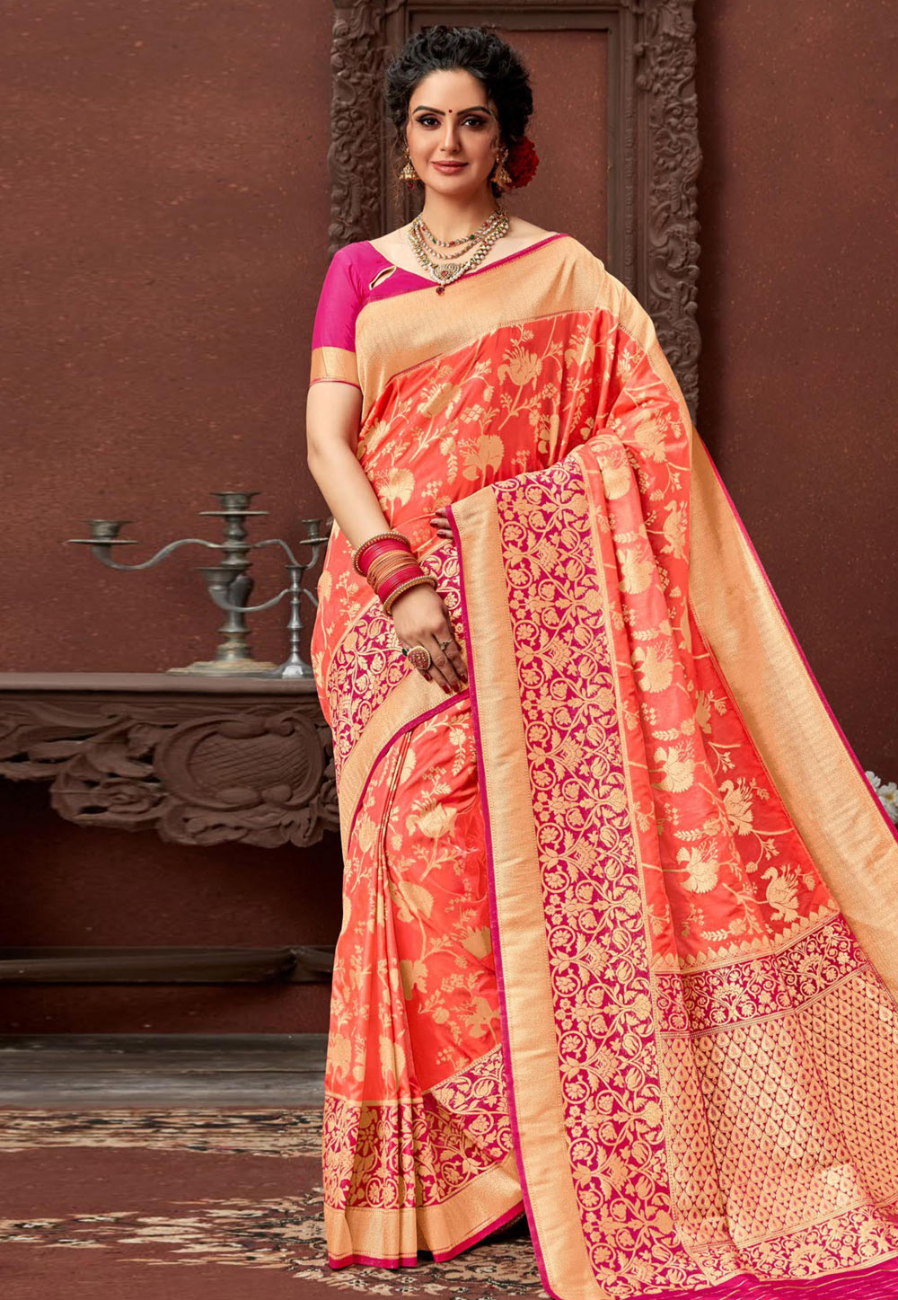 Peach Color On Vichitra Silk Intriguing Saree