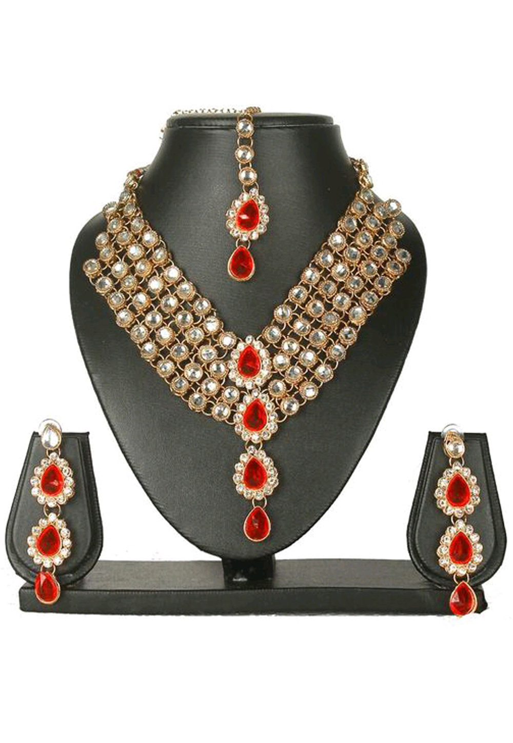 Red Alloy Austrian Diamond Necklace Set Earrings and Maang Tikka 187824