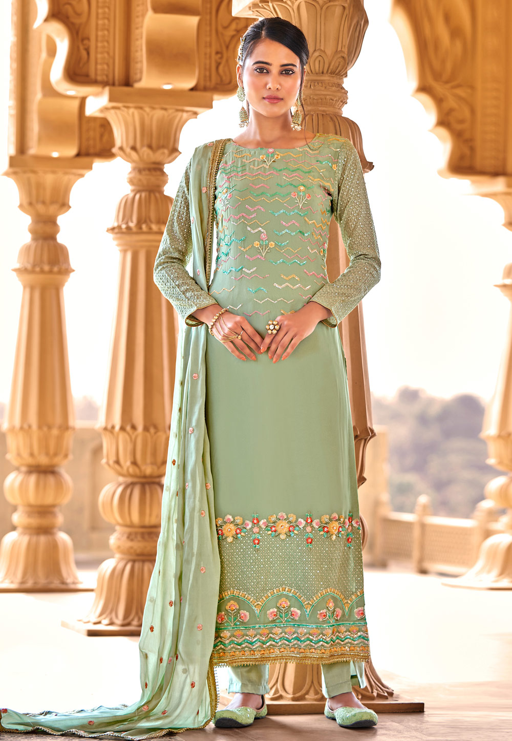 Sea Green Viscose Georgette Pant Style Suit 239202