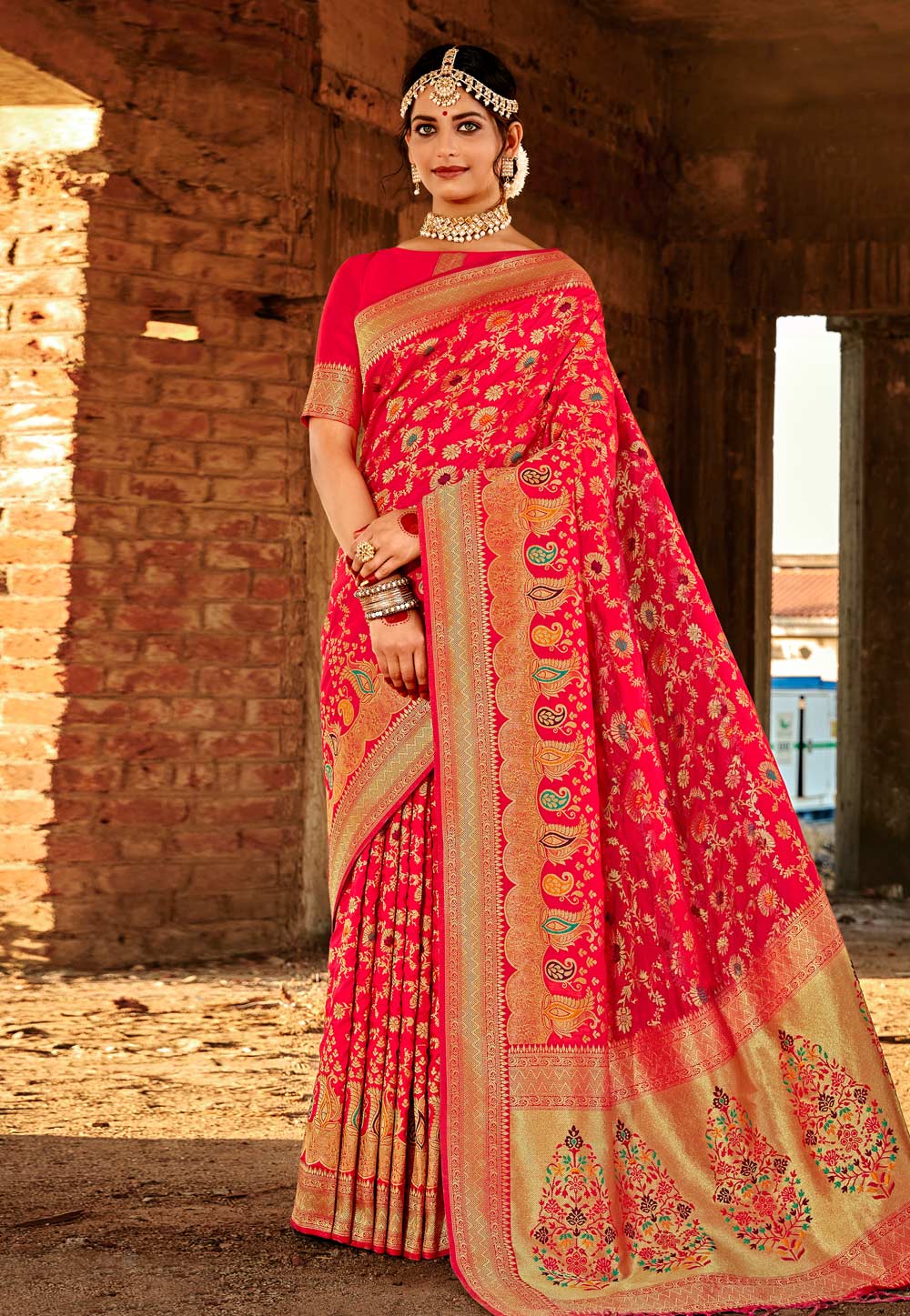 Pink Banarasi Silk Saree With Blouse 221968