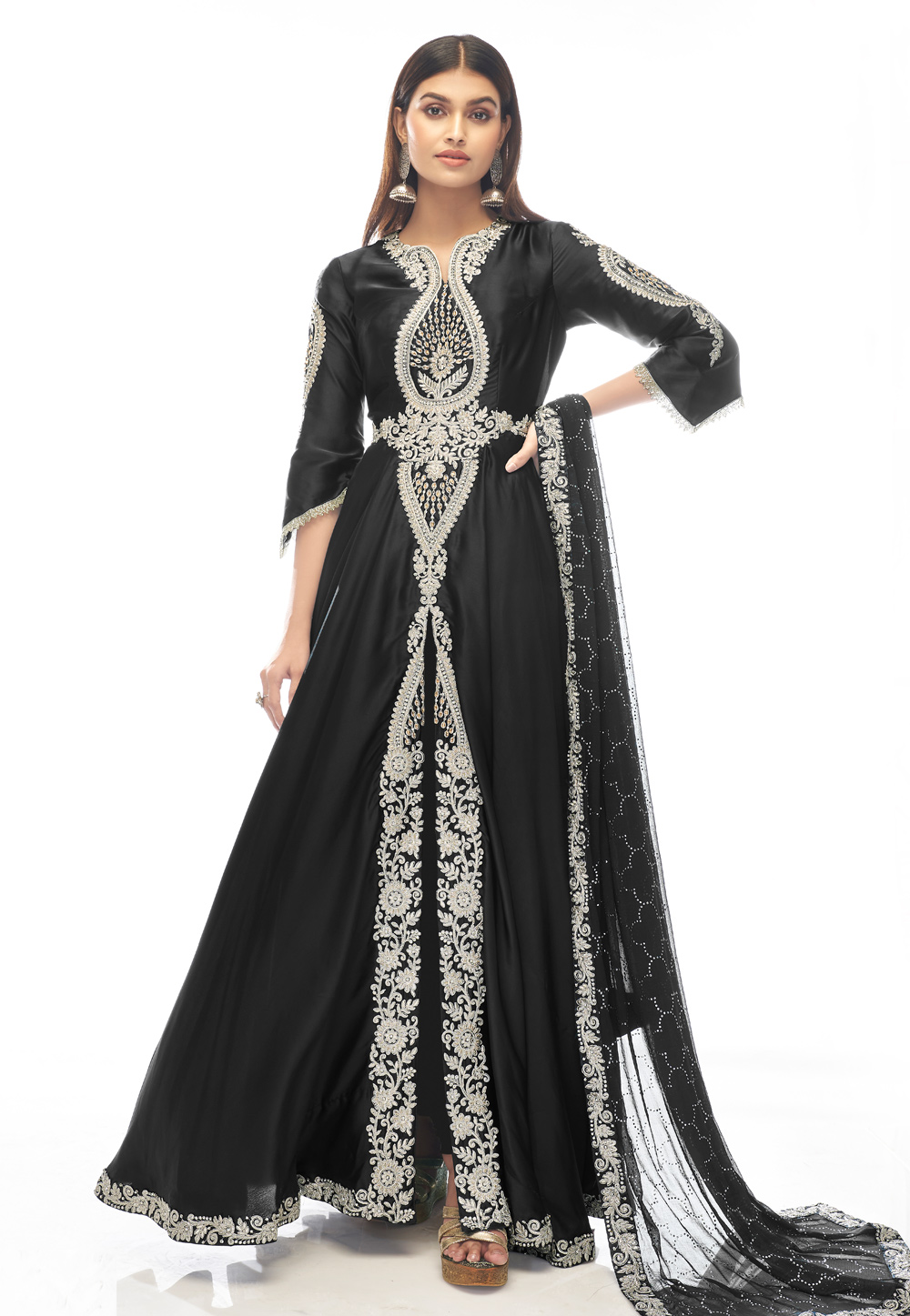 Black Satin Abaya Style Anarkali Suit 247104