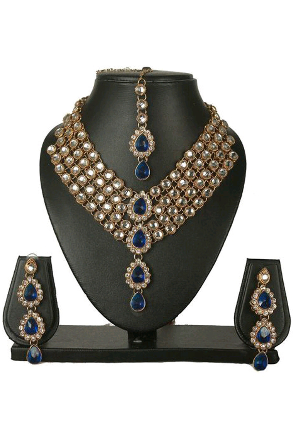 Blue Alloy Austrian Diamond Necklace Set Earrings and Maang Tikka 187825