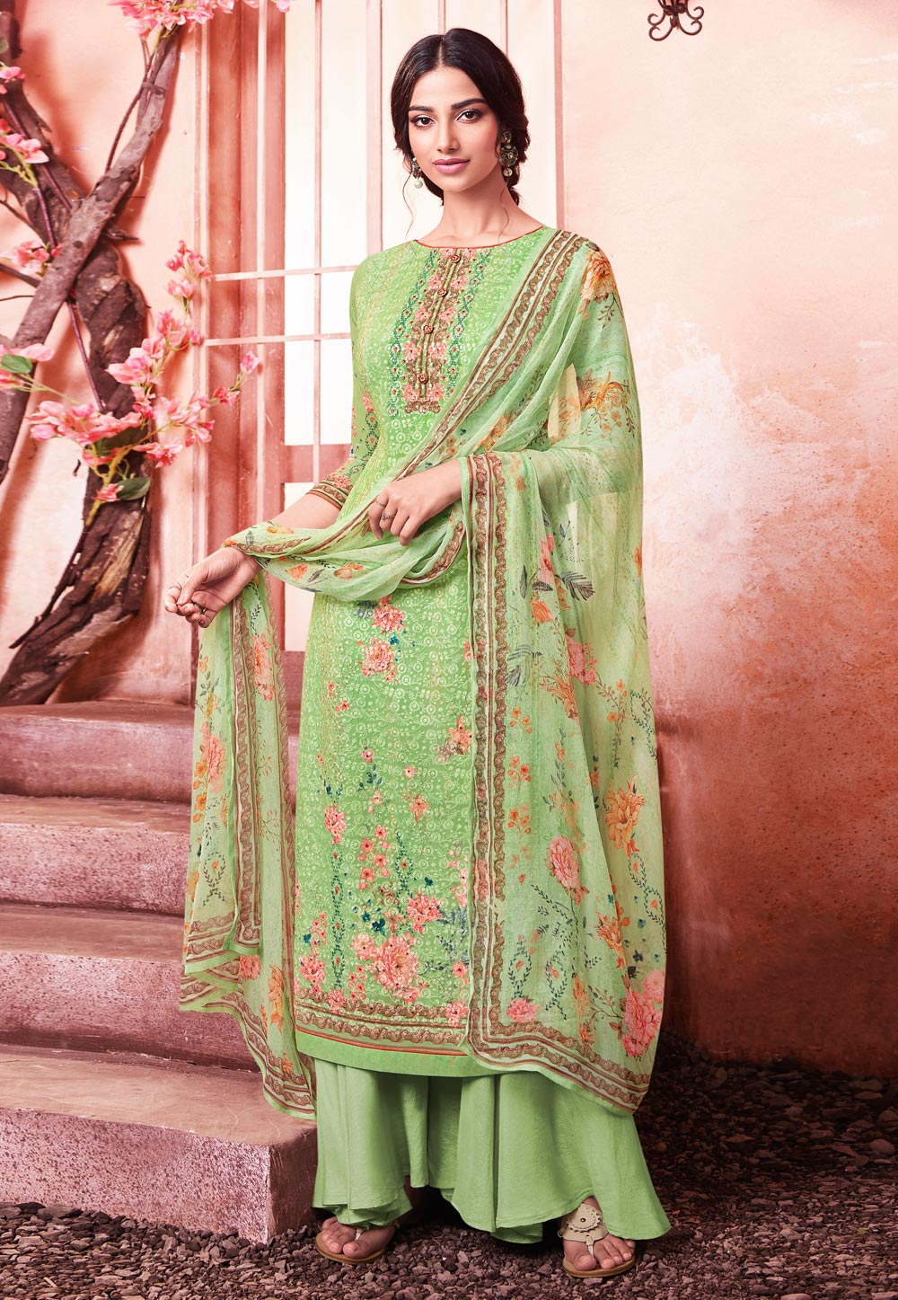 Light Green Georgette Palazzo Suit 211454