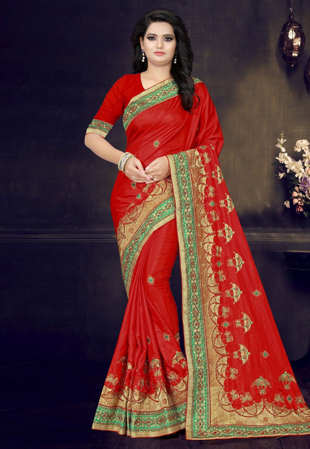 Red Silk Embroidered Festival Wear Saree 165261