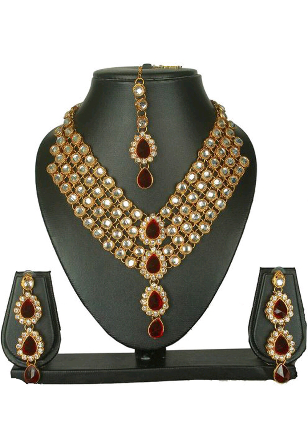 Maroon Alloy Austrian Diamond Necklace Set Earrings and Maang Tikka 187826